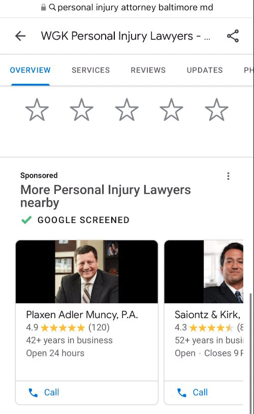 Evidence that Google is showing competitor Local Service Ads (LSAs) in business listings for attorneys