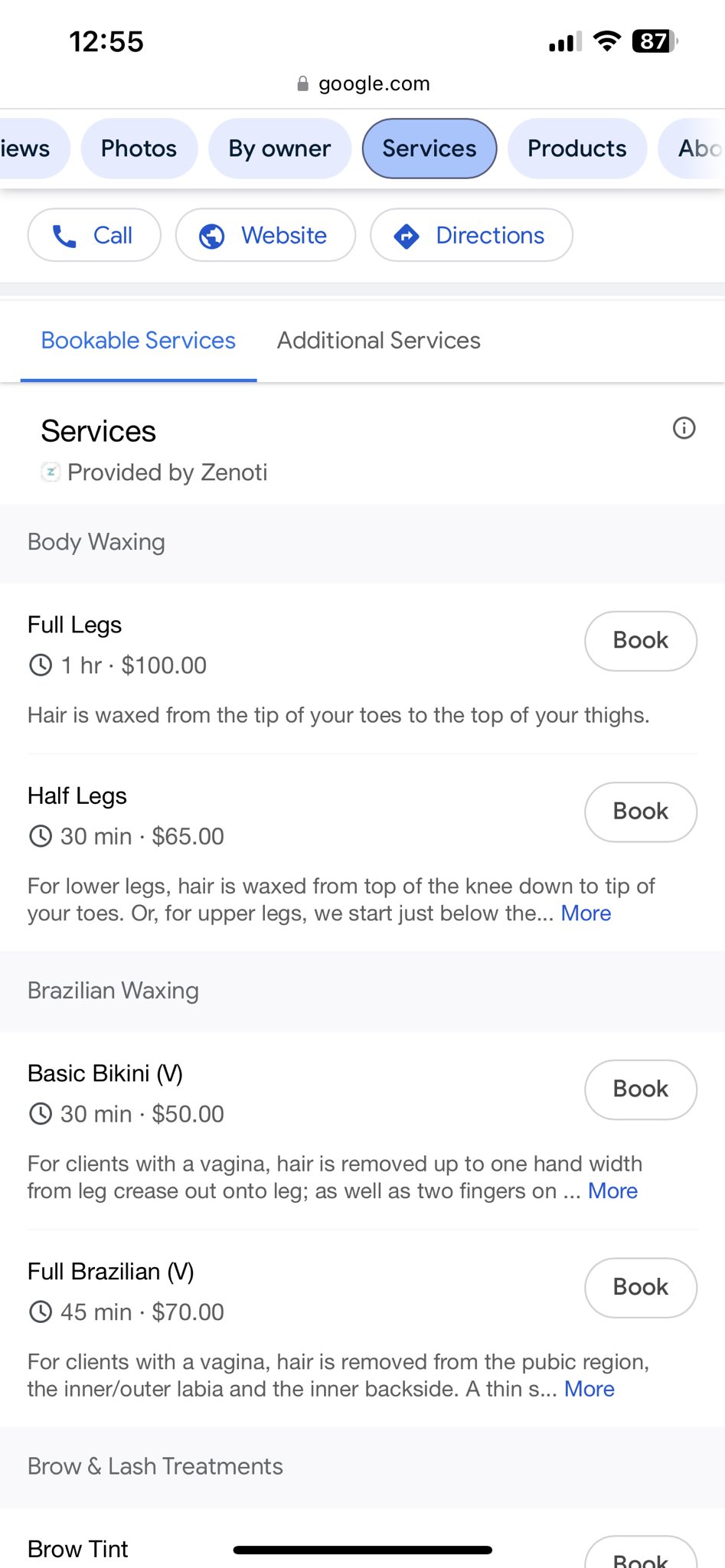 An example of the option to book services in a listing for a local wax studio