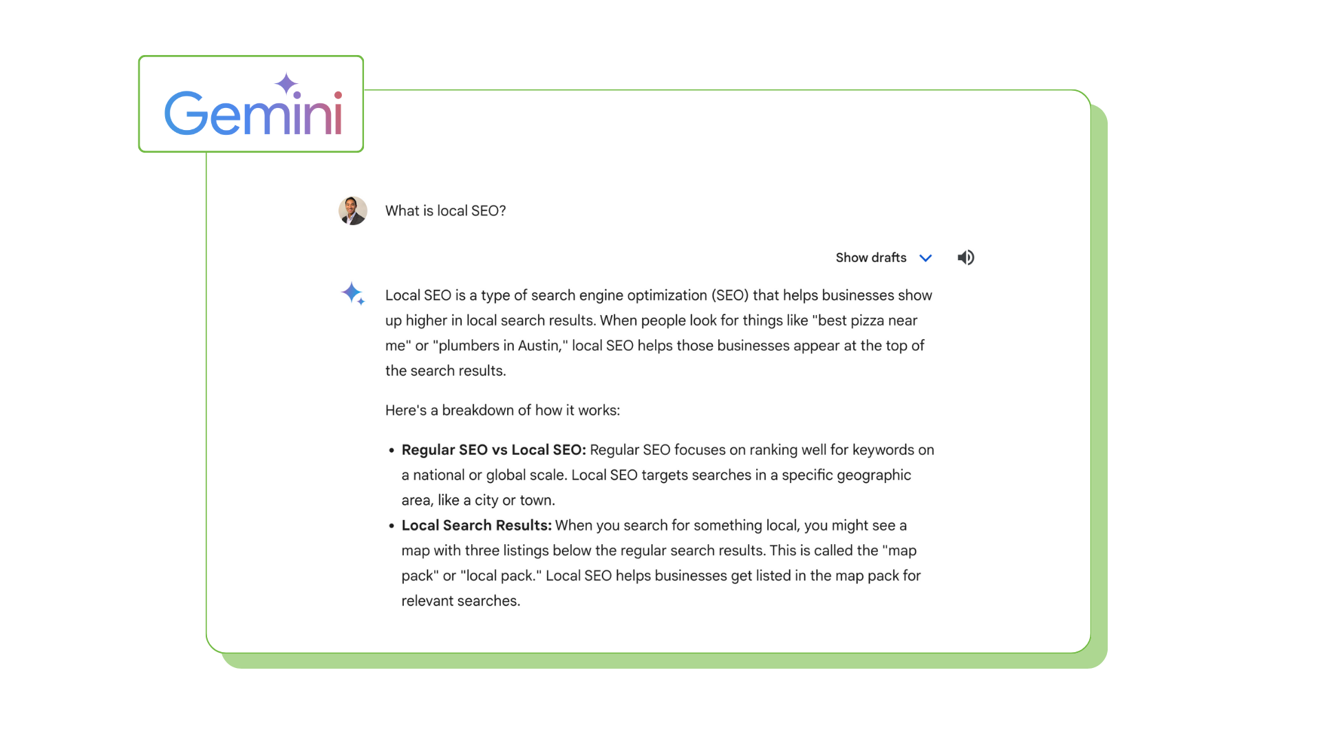 A screenshot of Google Gemini for the search query what is local SEO showing text-generated response with paragraph and bullet points.