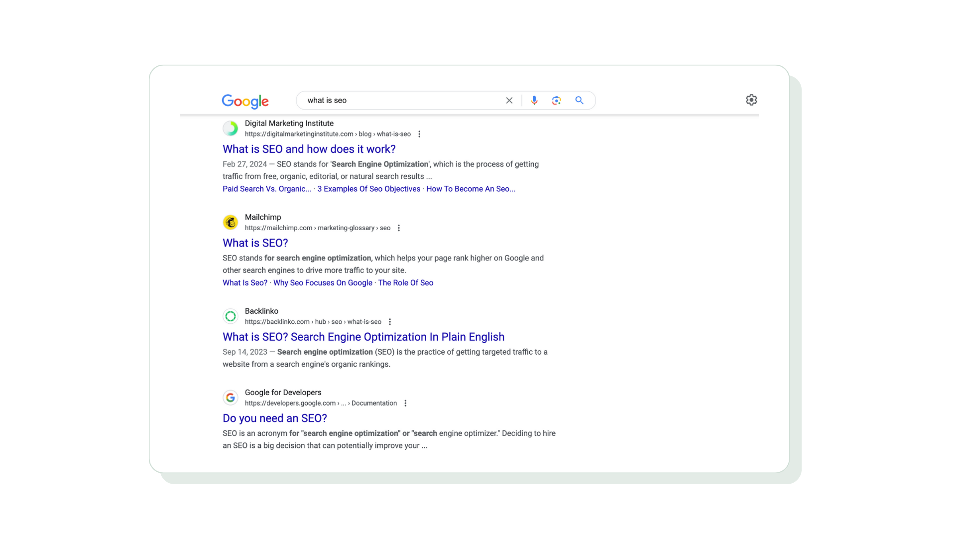 Screenshot of a search query for what is SEO showing multiple blue links on the SERP