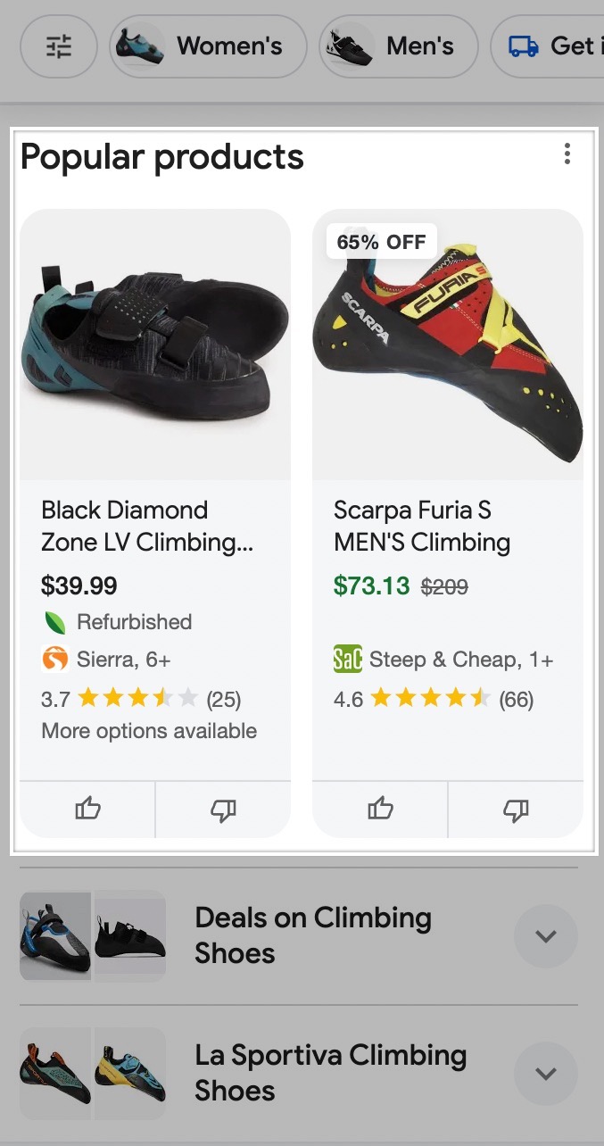 An example of popular products being shown in Google shopping