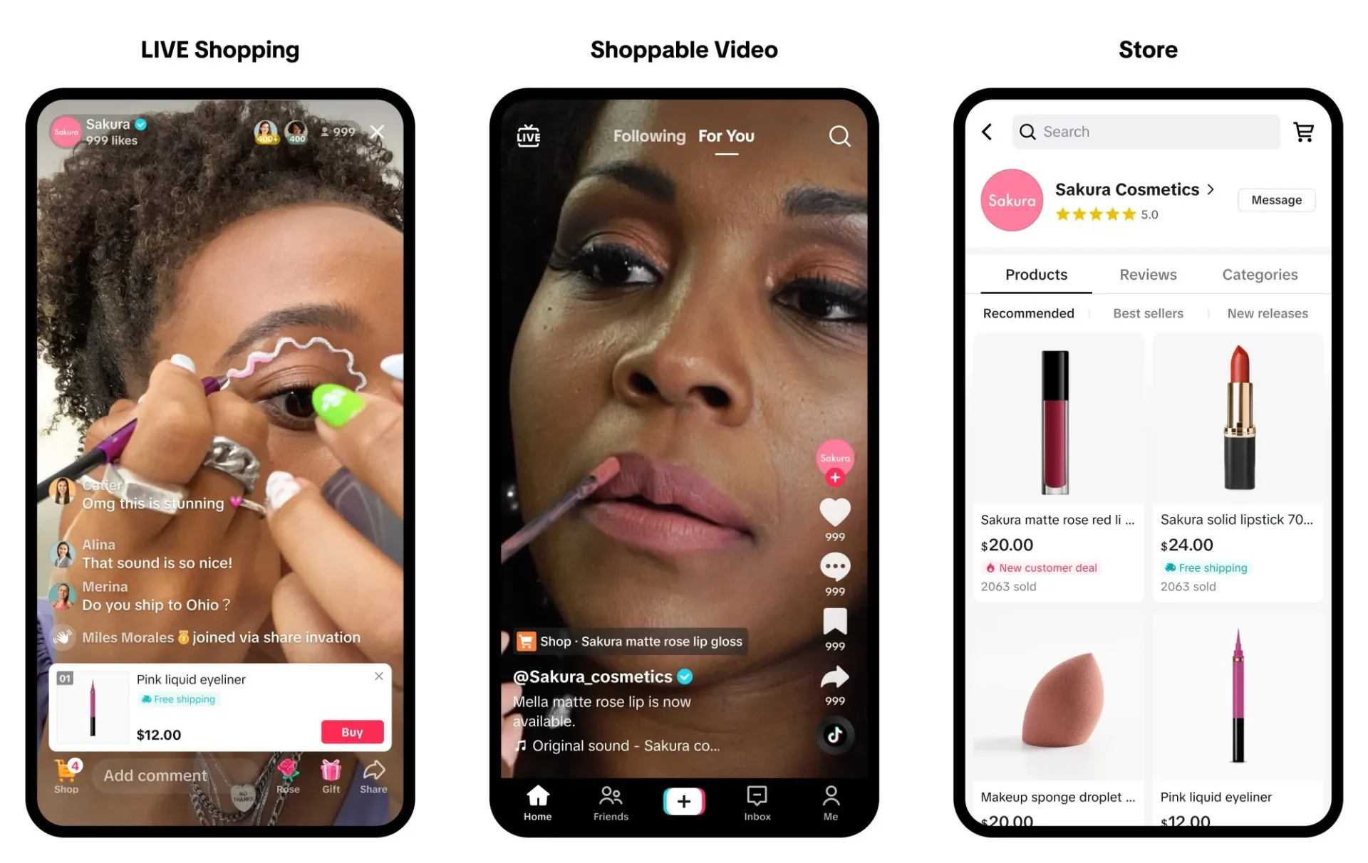 Example of TikTok Shop across three different smartphones and a Black woman doing makeup and makeup products.