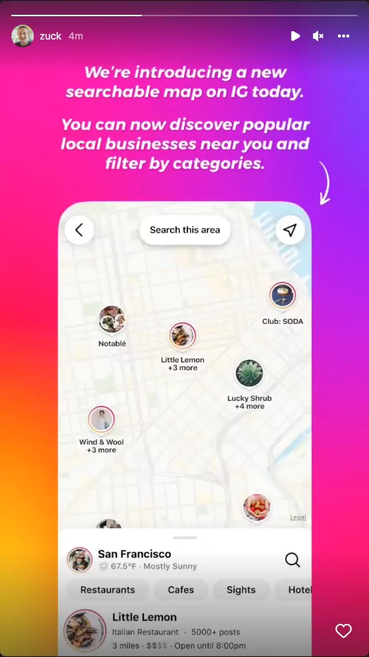 Screenshot of Instagram Maps showing different businesses overlaid on a sunset color background.